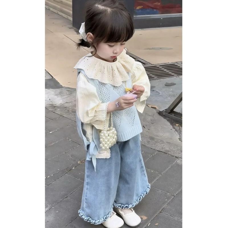 子供服 女の子 3点セット ニットベスト シャツ デニムパンツ 春秋 普段着 かわいい ガールズ 女児 長袖 トップス ズボン 上下セット