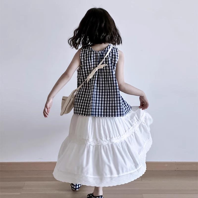 スカート キッズ 女の子 夏服 ノースリーブ トップス セットアップ 子供服 おしゃれ かわいい 格子柄 コットン 膝丈スカート