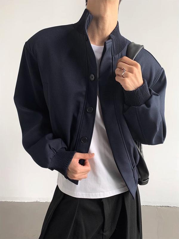 ジャケット 男性用 レトロ ブルゾン ゆったり 立襟 ポリエステル 接触冷感 接触冷感 伸縮性 春秋 紺色 黒色