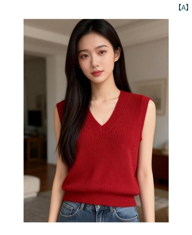 ニット トップス 女性用 秋冬 無袖 ニット セーター ロング丈 Vネック ゆったり ルーズフィット 日韓 スタイル シンプル デザイン 混紡 ウール 素材 単品 セットアップ 対応 レイヤード アイテム 赤 アイボリー キャラメル カラー ユニセックス