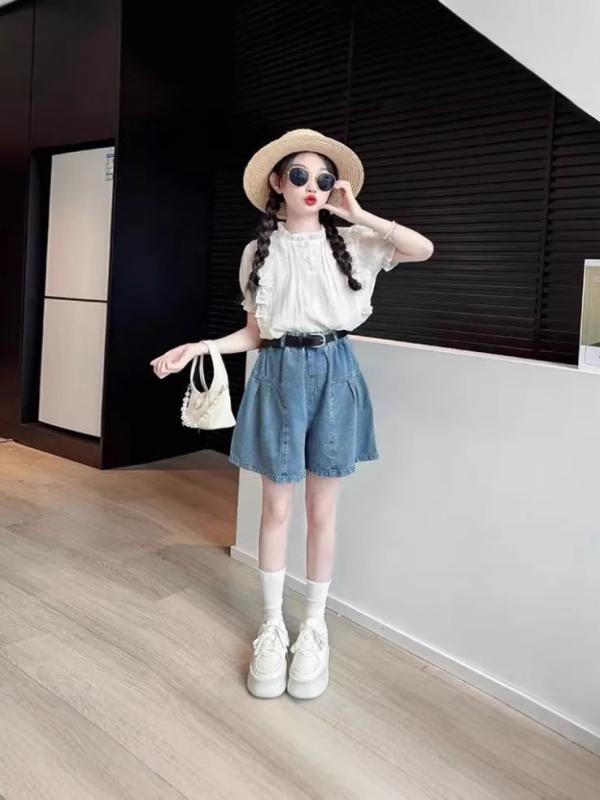 子供服 女の子 夏 セットアップ 韓国風 ドールシャツ 半袖 トップス デニム ショートパンツ 8歳以上 薄手 無地 花柄 ウエストベルト付き