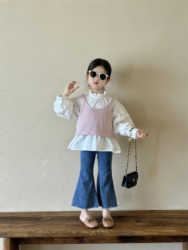 シャツ 子供服 女の子 長袖 パフスリーブ ブラウス ニット キャミソール デニムパンツ 3点セット 春秋 立襟 コットン