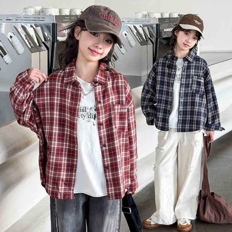 シャツ キッズ チェック柄 長袖 春秋物 子供服 女の子 ガールズ トップス ブラウス 普段使い 120cm 130cm 140cm 150cm 160cm 170cm 綿100% 紺色 赤色