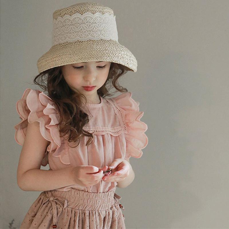 シャツ キッズ 女の子 半袖 子供服 夏服 韓国風 花柄 レース フリル かわいい プリンセス風 トップス カットソー ガールズ ベビー 幼児 保育園 幼稚園 小学生 通園 通学 綿100% ホワイト ブラウン ピンク系