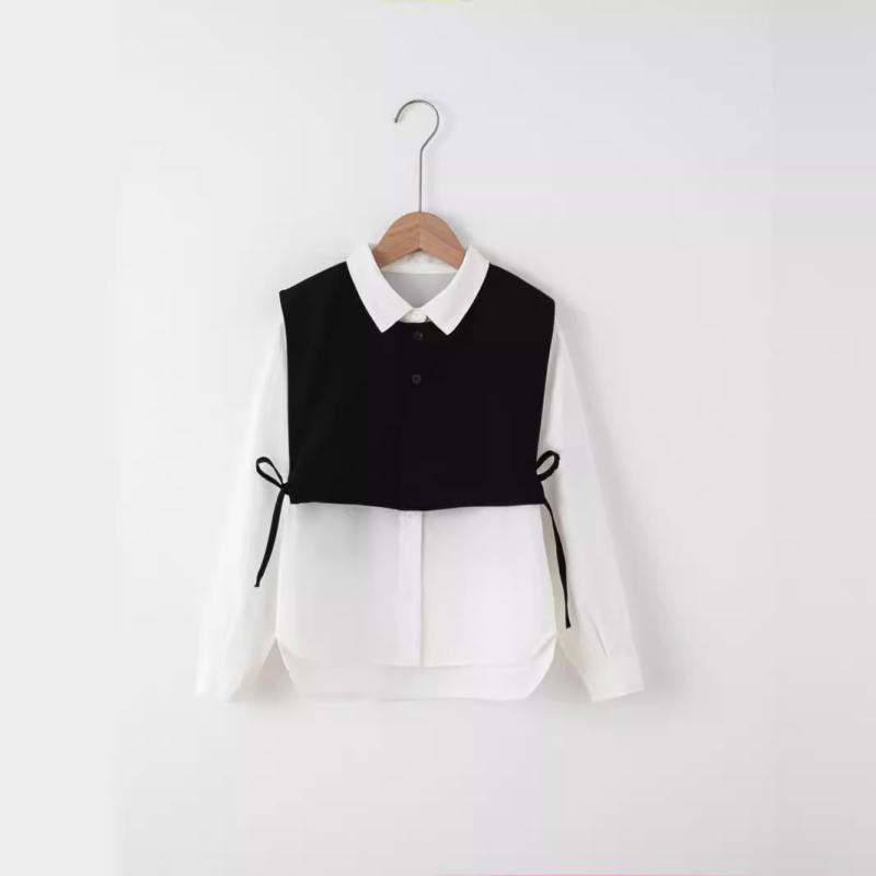 シャツ 女の子 子供服 長袖シャツ ベスト セットアップ 韓国風 おしゃれ かわいい 普段着 発表会 演奏会 ベージュ ブラック ポリエステル
