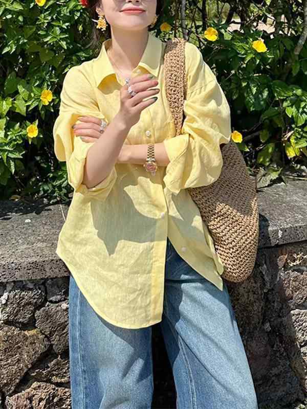 レディース 黄色 麻 混 シャツ 長袖 開襟 切り替え ワイドシルエット スタンドカラー ボタン 薄手 防晒 春夏 日韓 カジュアル トップス ブラウス 軽量 通勤 普段使い 吸湿速乾 再生繊維 ゆったり シンプル ユニセックス