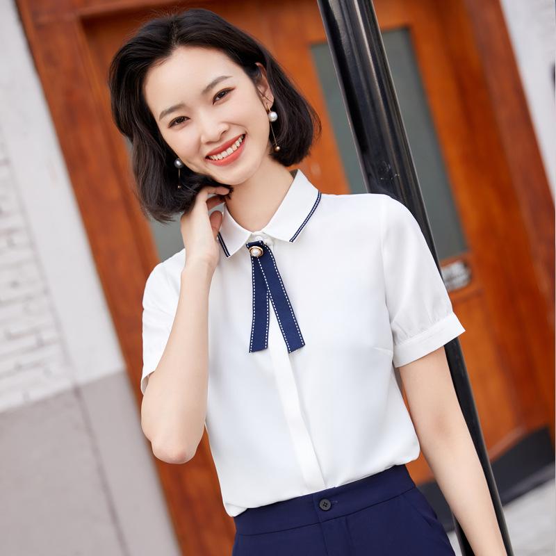 シャツ レディース 半袖 ブラウス オフィススタイル OL 通勤用 事務服 トップス ポリエステル 形態安定 スキッパー襟 白シャツ ブルー 青 無地 きれいめ 上品 かわいい