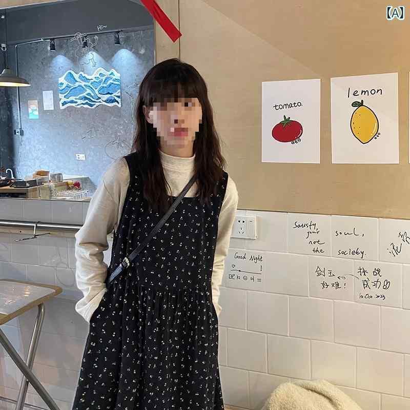 ワンピース 女性用 秋冬 長袖なし 背心スカート 長丈 Aライン 灯芯? フラワープリント プリーツ加工 方領 ルーズフィット ワッフル柄 ハウンドトゥース 星柄 黒茶カラー 日韓カジュアル ゆったりシルエット 吸湿速乾 軽量素材 普段使い 通勤対応 秋
