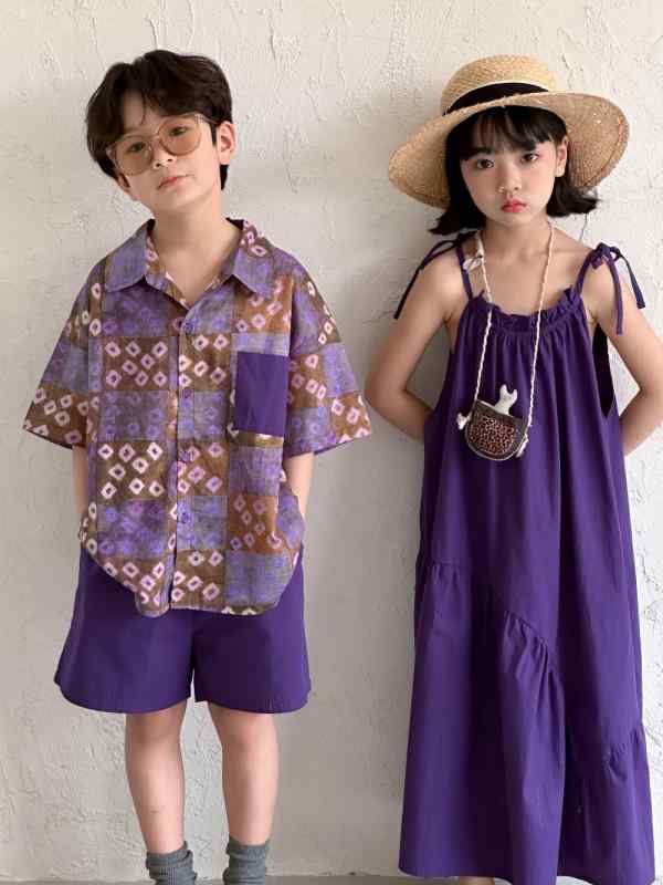 子供服 夏物 セットアップ 男の子 半袖シャツ ショートパンツ 女の子 ワンピース 薄手 かわいい 韓国風 子供用 パープル 上下セット