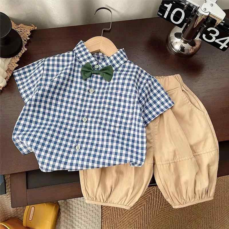 キッズ 男の子 半袖シャツ パンツ 2点セット 子供服 フォーマル チェック柄 コットン 80cm 90cm 100cm 110cm 120cm