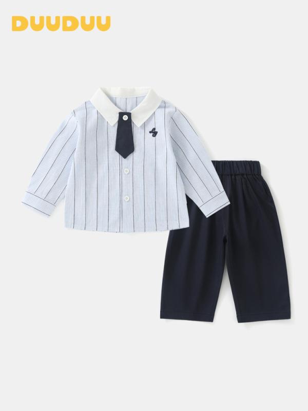 シャツ & Tシャツ ベビー服 & ファッション 春秋物 男の子 ストライプ コットン 韓国風 長袖 シャツ パンツ 上下 2点 セット 幼児 子供 服 ボーイズ おしゃれ 80cm 90cm 100cm 110cm 120cm