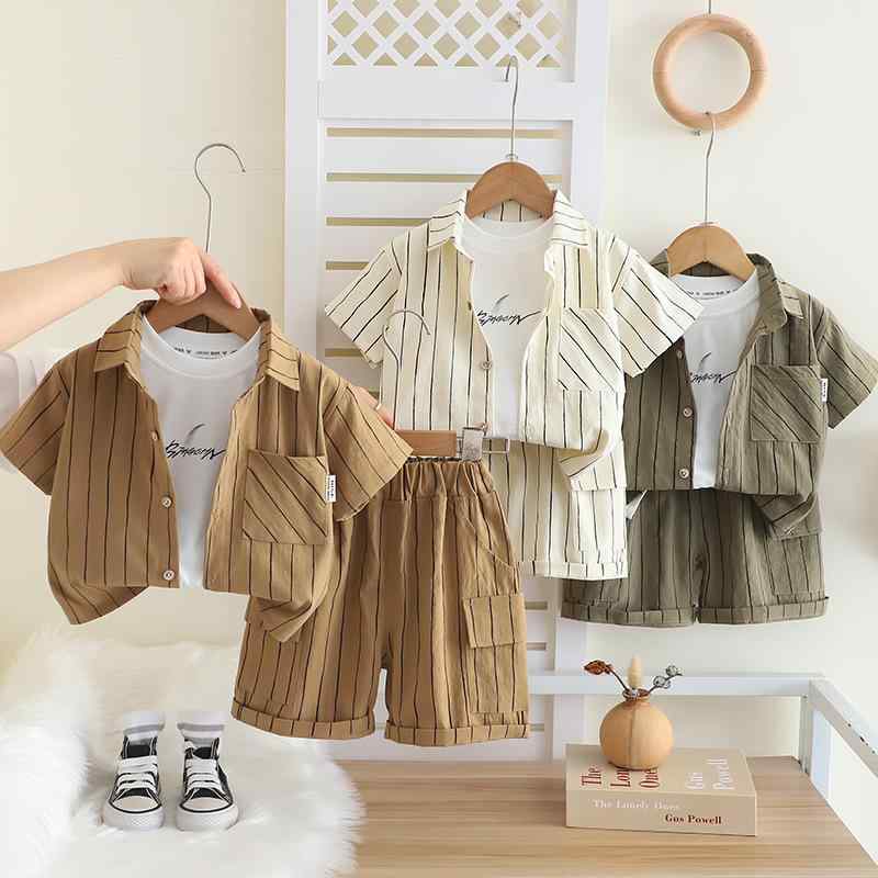 子供用シャツ 短パン セットアップ 半袖 コットン 男の子 ストライプ柄 夏服 3点セット 幼児 ベビー 80cm 90cm 100cm 110cm 120cm