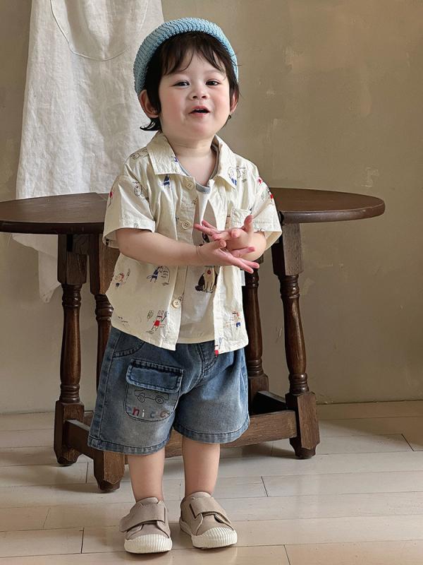 ベビー服 男の子 シャツ & Tシャツ 半袖 ショートパンツ 上下セット 綿100% 夏 薄手 乳幼児 子供服 おしゃれ かわいい 柔らかい 通園 普段着 ベージュ ブルー 73cm 80cm 90cm 100cm