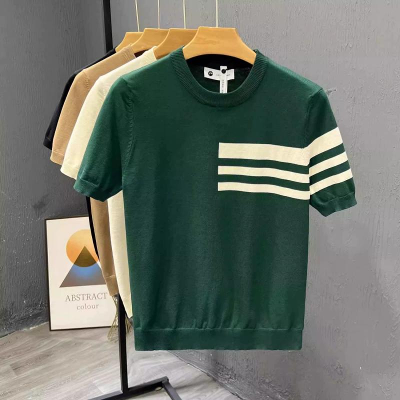ニット メンズ 薄手 春夏 韓国風 ストライプ トップス カットソー 長袖 Tシャツ 男性用 普段使い インナー 白 黒