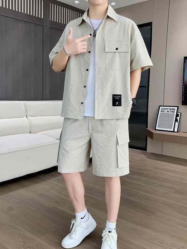 セットアップ メンズ 半袖シャツ ショートパンツ 薄手 カジュアル スポーティー 上下セット 2点セット 普段使い 部屋着 ポリエステル ブラック グレー グリーン