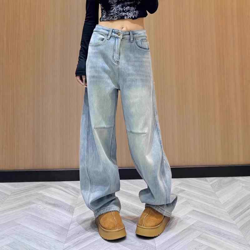 デニム レディース 高腰 ワイドレッグ ジーンズ パンツ ゆったり ストレート ポケット付き 春秋 50%綿 70%コットン ジーパン Gパン 長ズボン ズボン ボトムス