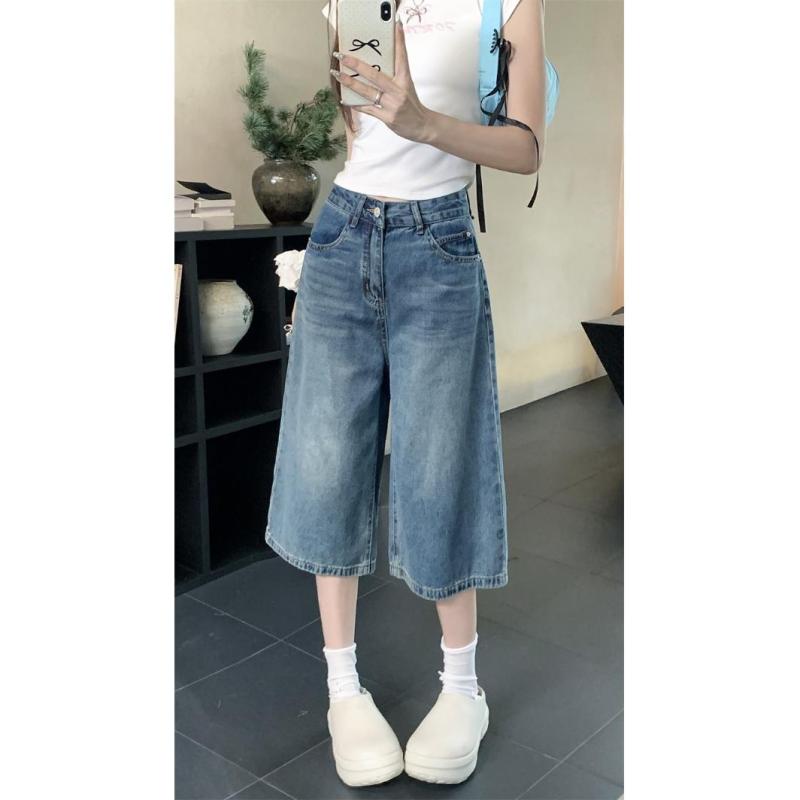デニム レディース 大きいサイズ ゆったり ワイド レトロ ウォッシュド加工 ハイウエスト 7分丈 ジーパン ボトムス カジュアル 通勤 普段使い 春夏
