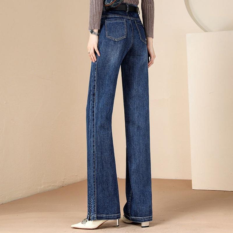 ジーンズ レディース デニムパンツ ストレート 高見え ハイウエスト ゆったり 痩せ見え 美脚 ロングパンツ ブルー デニム 綿95% 普段使い 通勤