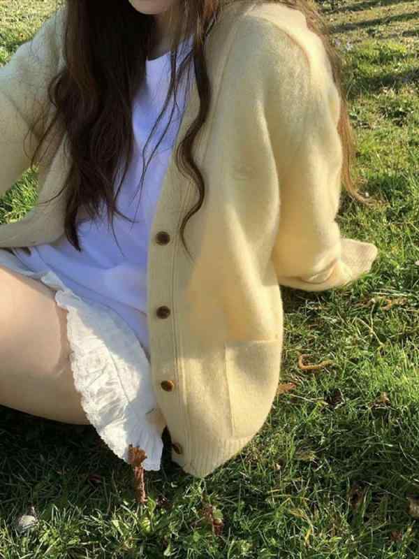 カーディガン レディース Vネック ニット 春 秋冬 韓国風 イエロー ウール ゆったり 長袖 トップス 羽織りもの