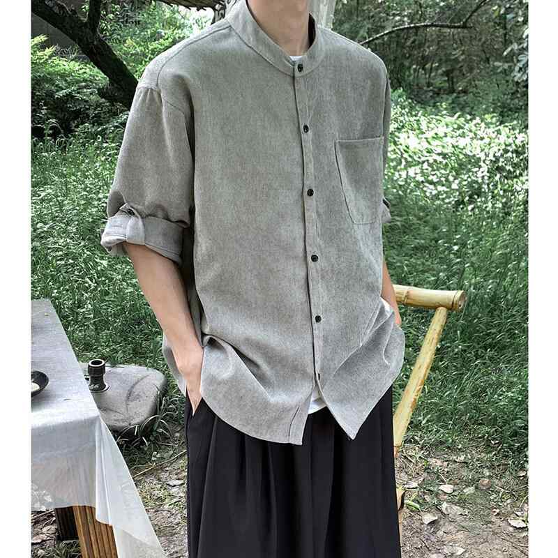 シャツ 男性用 コーデュロイ シャツ トップス ミリタリー カーキ ブラック グレー 春秋 中袖 立襟 ゆったり