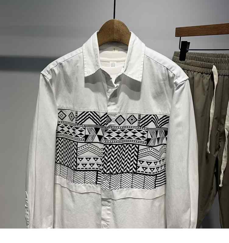 シャツ メンズ 男性用 長袖 ルーズフィット レトロ 春夏 幾何学模様 プリント カジュアル ポリエステル