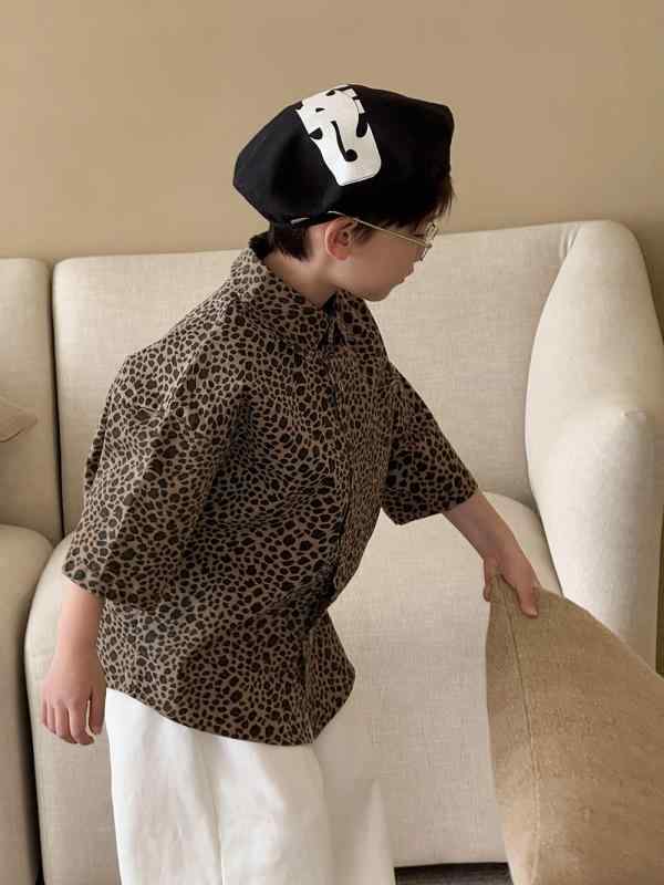 シャツ キッズ 子供服 男女兼用 半袖 ヒョウ柄 コットン トップス 森ガール おしゃれ かわいい 夏物 90cm 100cm 110cm 120cm 130cm 140cm 150cm