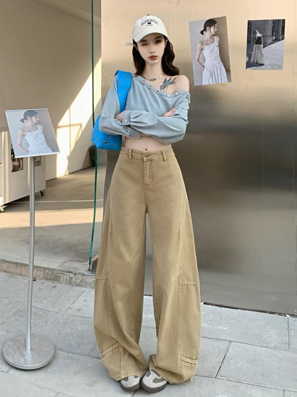 ジーンズ レディース 春夏 ワイドレッグ ハイウエスト ゆったり ストレート カーキ ベージュ オフホワイト デニム 綿95% 美脚 脚長効果 カジュアル