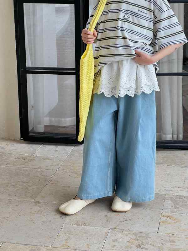 子供服 ジーンズ 男女兼用 デニムパンツ ワイドレッグパンツ ストレートパンツ 春夏 綿70% 9分丈 伸縮性 普段使い 90cm 100cm 110cm 120cm 130cm 140cm 150cm