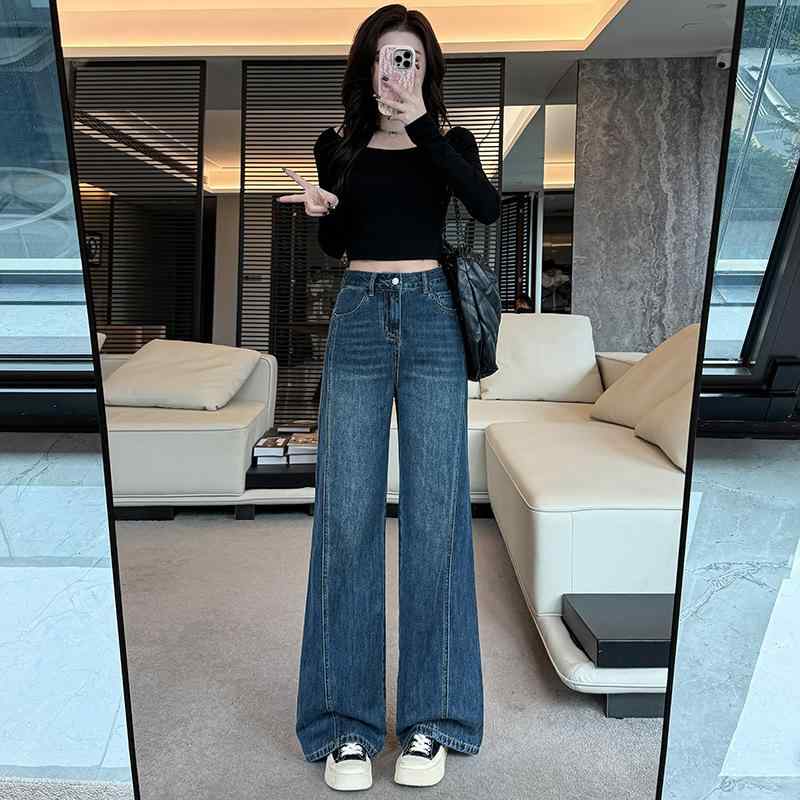 ジーンズ レディース 小柄 春秋 デニム ワイドレッグパンツ ゆったり ストレート 9分丈 ロングパンツ 復古調 インディゴ