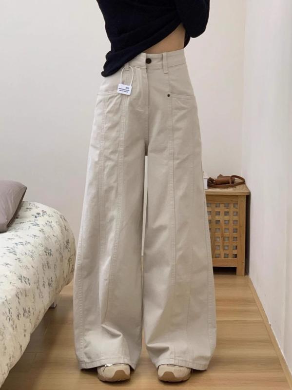 レディース デニムパンツ 牛仔? 高腰 ワイドレッグ 直筒 沙白色 切り替え 綿素材 軽量 伸縮性 通勤用 普段使い 部屋着 秋冬 カジュアルスタイル
