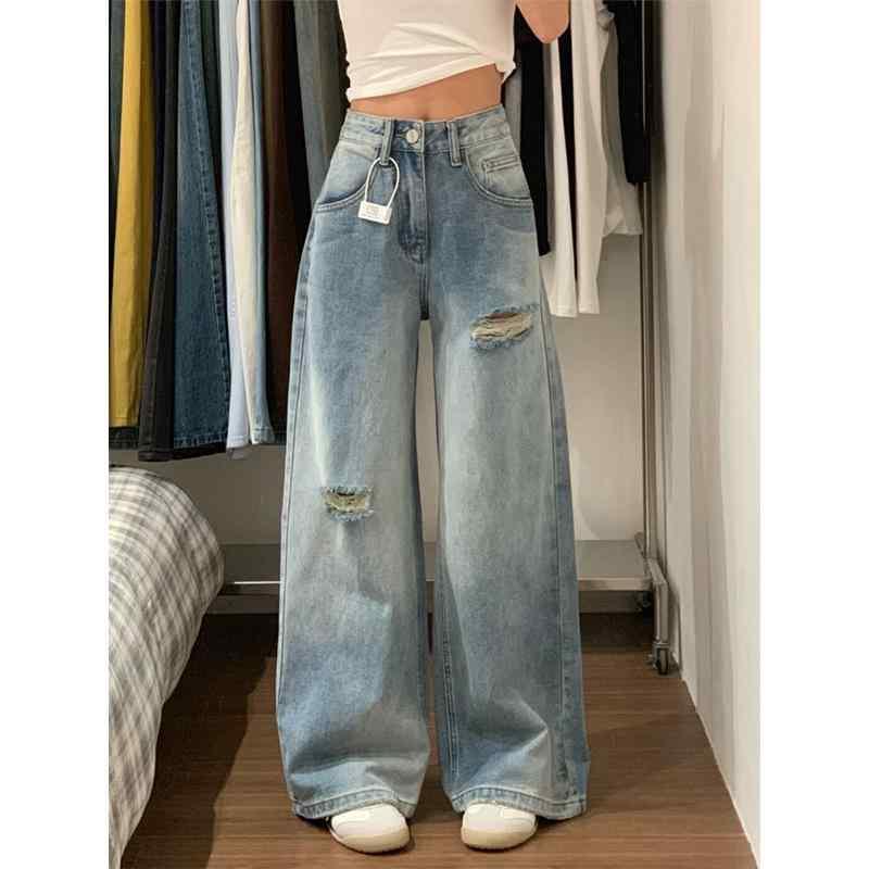 ワイドパンツ 女性用 コットン デニム 直筒 ハイウエスト 破れ加工 切り替え ポケット ゆったり ロング丈 軽量 浅ブルー 通勤 通学 普段使い 春夏 秋冬