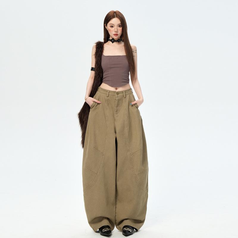 レディース デニムパンツ 春夏 女性用 牛仔風 コットン ポリエステル混紡 基本スタイル 長丈 ハイウエスト 中厚 ポケット ストリートファッション ゆったり ワイドレッグ 直筒 フロア丈 街頭スタイル 個性派 洗い加工 無弾性 ブラウン カジュアル 普