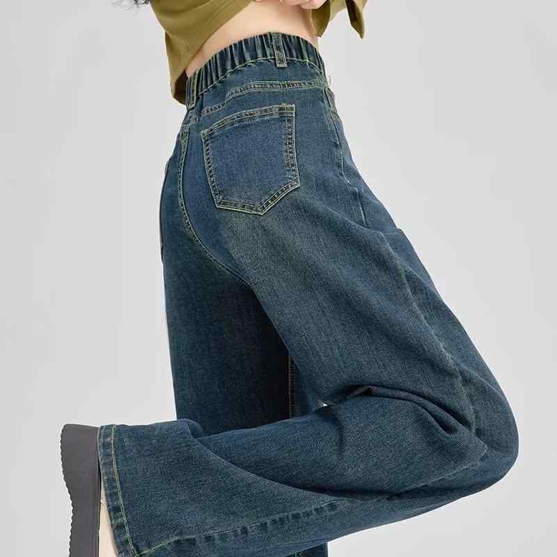 ジーンズ レディース デニム ストレート ウエストゴム ジーパン ズボン パンツ 綿 高身長 ワイド ゆったり 美脚 脚長 体型カバー カジュアル かわいい おしゃれ 着痩せ 通勤 オフィス 春秋冬