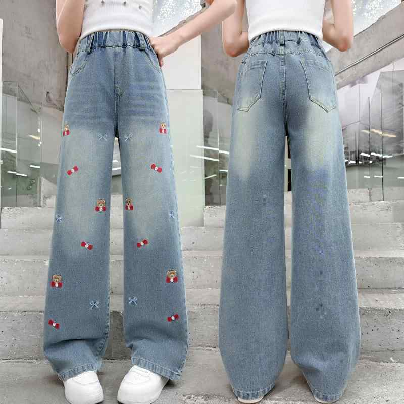 子供服 デニムパンツ ガールズ 春夏 ワイドレッグパンツ 小熊 刺繍 高学年 女児 ストレートパンツ ロングパンツ 綿100% ソフトデニム ハイウエスト 普段使い