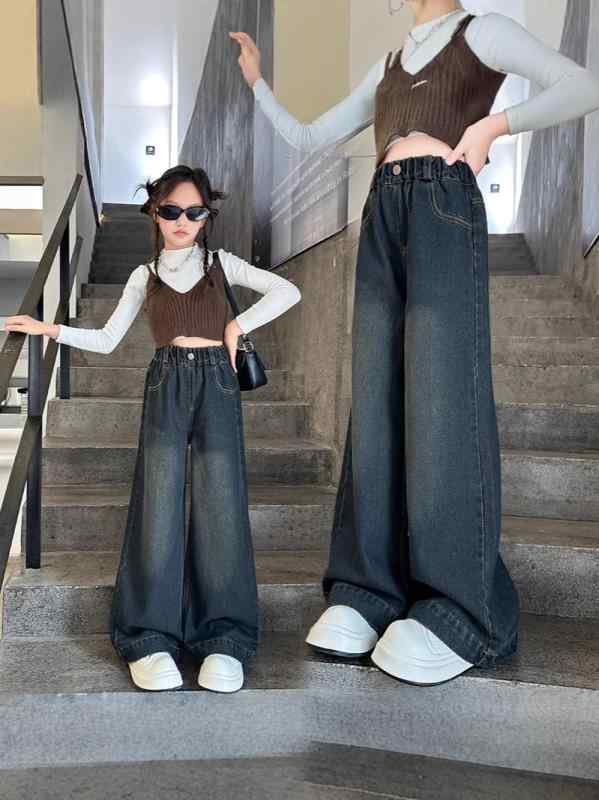 子供服 デニムパンツ ガールズ 春秋 高学年 ワイドレッグ ジーンズ ジーパン ロングパンツ 女児 女の子 子供 伸縮性 ウエストゴム 普段使い かわいい