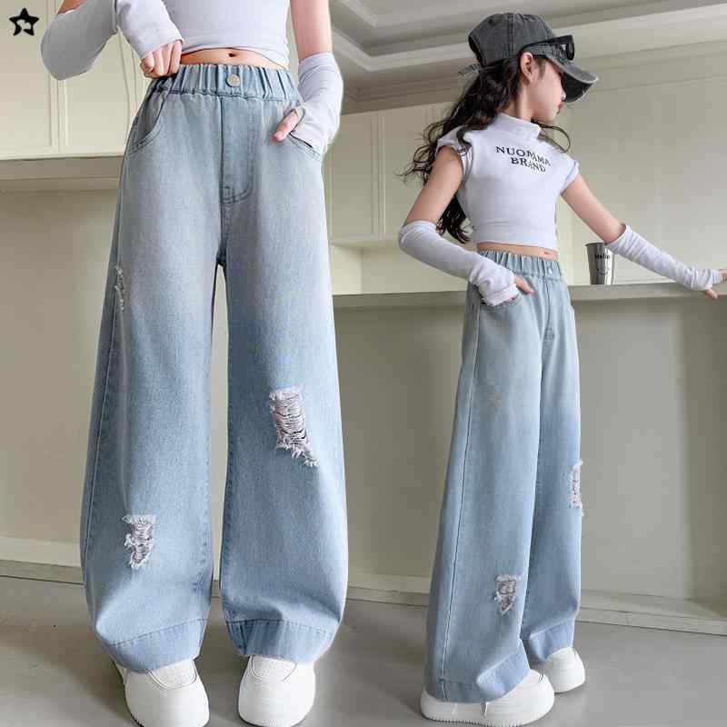 子供服 デニムパンツ ガールズ 春秋 高学年 ロングパンツ 女児 ジーパン ゆったり かわいい おしゃれ カジュアル 普段着 伸縮性 薄手 ブルー 120 130 140 150 160 170