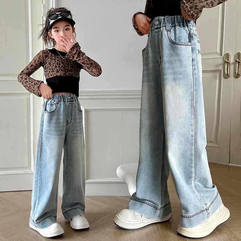 子供用ジーンズ 女の子 春物 ワイドレッグパンツ ガールズ ストレートパンツ 女児 デニムパンツ ジュニア ロングパンツ B類 高腰 伸縮性 ウエストゴム 普段使い かわいい 潮范 ブルー 120cm 130cm 140cm 150cm 160cm 17
