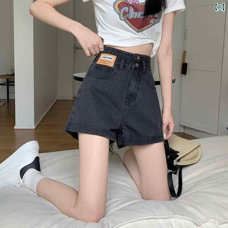 レディース デニム ショートパンツ 高腰 春夏 薄手 綿混 コットン素材 直筒 ワイドレッグ Aライン 巻き縁 ズボン 気質 通勤風 快適 休? スタイル ミディアム厚 無弾性 アイアン加工 グレー ブラック ブルー サイズ展開 ゆったり スリム 韓国風