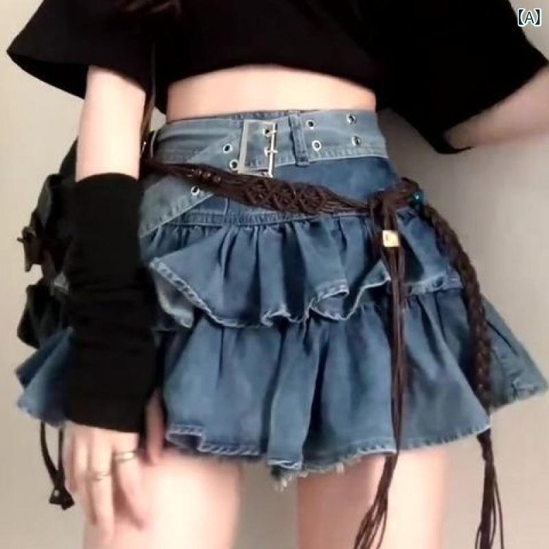 スカート レディース 高腰 デニムスカート ショート丈 大きいサイズ レトロ風 フリル Aライン かわいい セクシー ブルー 快適 普段使い