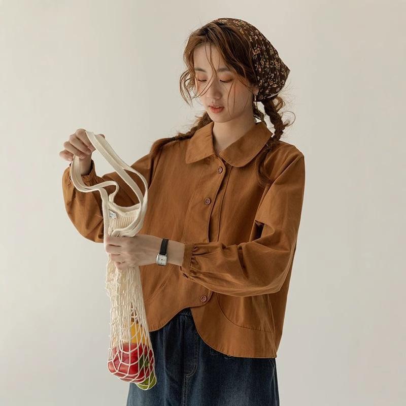 シャツ レディース 長袖 コットン ゆったり 体型カバー デザイン 襟付き トップス ブラウス 春 杏色 ブルー パープル ブラウン ラベンダー