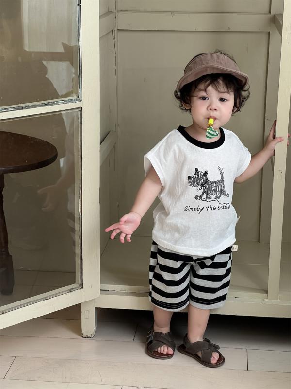 子供服 ベビー服 夏物 男の子 小犬柄 半袖 Tシャツ ストライプ ショートパンツ 上下セット 薄手 かわいい 普段着 部屋着 綿