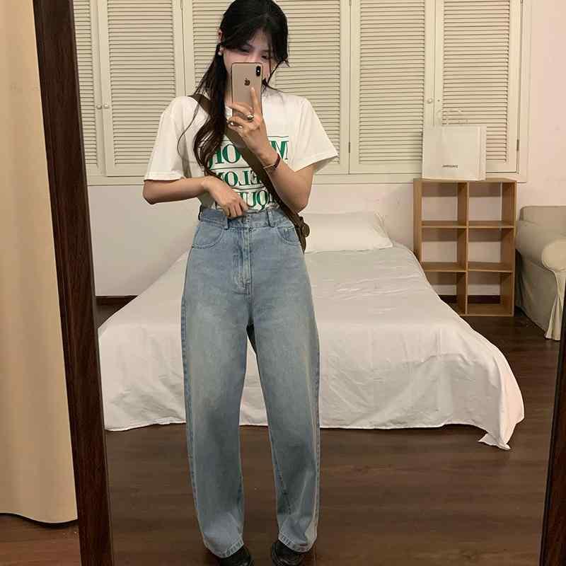 パンツ レディース 春夏 牛仔パンツ 直筒 デニム 綿 高腰 ロング丈 ゆったり ワイド レギュラー ミッドウェイト ブルー シンプル 日常使い 通勤 普段着 軽量 伸縮性なし カジュアル 韓国風 日系 洗い加工 ハイウエスト ビッグシルエット 吸湿速乾
