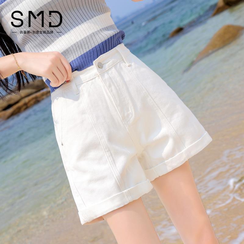 デニム レディース ショートパンツ 夏 高 elastic 高 waist ワイドレッグ ホワイト ジーンズ 韓国風 スタイル Aライン 着痩せ効果 カジュアル 短パン
