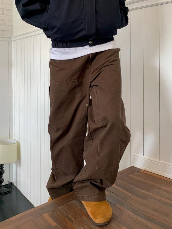 デニム メンズ ジーンズ ストレート ワイド カーゴパンツ ウォッシュ加工 ワークパンツ ゆったり ズボン ボトムス ジーパン カジュアル ブラウン ブラック