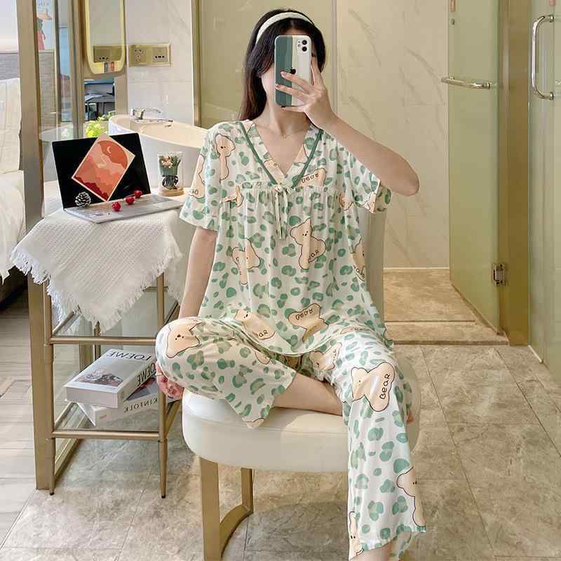 パジャマ レディース 春夏 短袖 長ズボン セット 綿 再生繊維 Vネック 薄手 蝶結び かわいい プリント 透気性 快適 居家着 部屋着 寝間着 米白 翡翠 グリーン ピンク系 アイボリー 花柄 ハート チェック 軽量 吸湿速乾 ゆったりシルエット 日