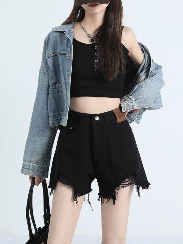 ジーンズ レディース ホットパンツ 春夏 韓国風 ハイウエスト Aライン ダメージ加工 デニム ショートパンツ 黒 白 ジーパン 短パン スタイルアップ｜イーマイショップ
