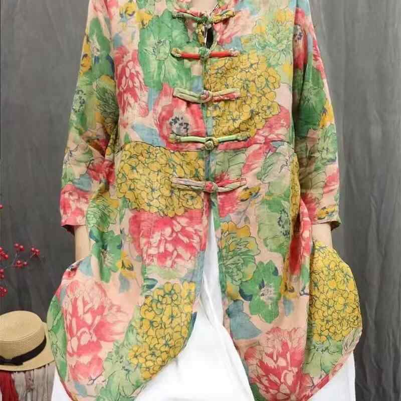 シャツ レディース 大きいサイズ ゆったり 麻 リネン 花柄 長袖 ミドル丈 開襟ブラウス トップス 文芸風 春夏