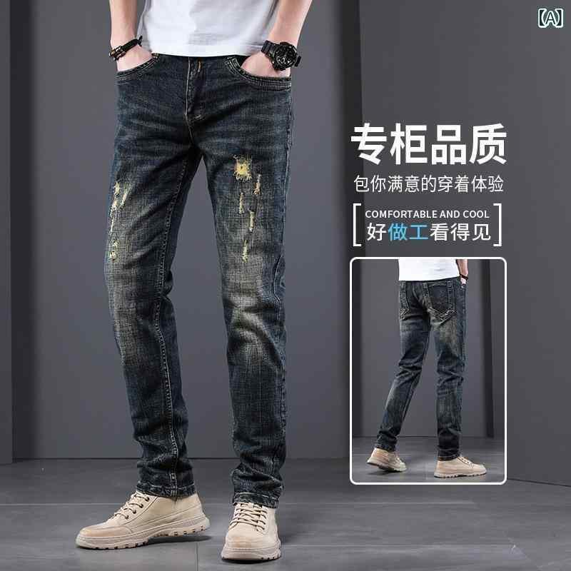 メンズ ジーンズ ストレートパンツ 破れ加工 ミッドライズ 薄手 コットンストレッチ ウォッシュ加工 レトロブルー 夏用 日常使い ステッチディテール 多ポケット スリムフィット 軽量 吸湿速乾 カジュアルスタイル 5,992円