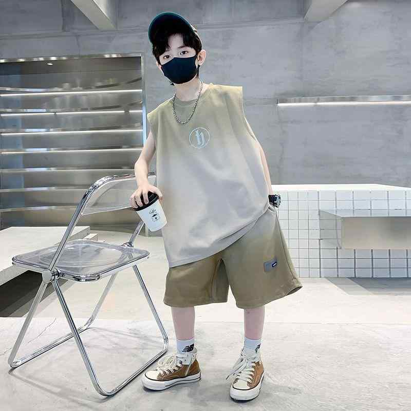 子供服 男の子 夏用 セットアップ 2点セット ノースリーブ ハーフパンツ 薄手 運動着 グレー 杏色 120cm 130cm 140cm 150cm 160cm 170cm