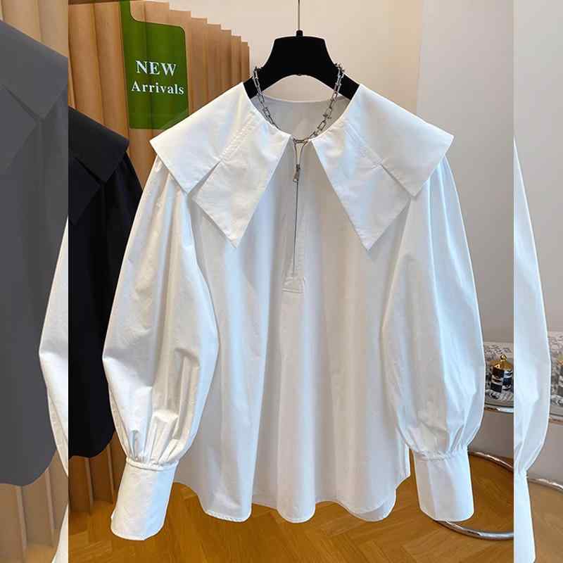シャツ レディース 白色 デザイン 接触冷感 ハーフジップ コットン チュニック 娃娃襟 ブラウス ゆったり 長袖 トップス L XL 2XL 3XL 4XL 春夏